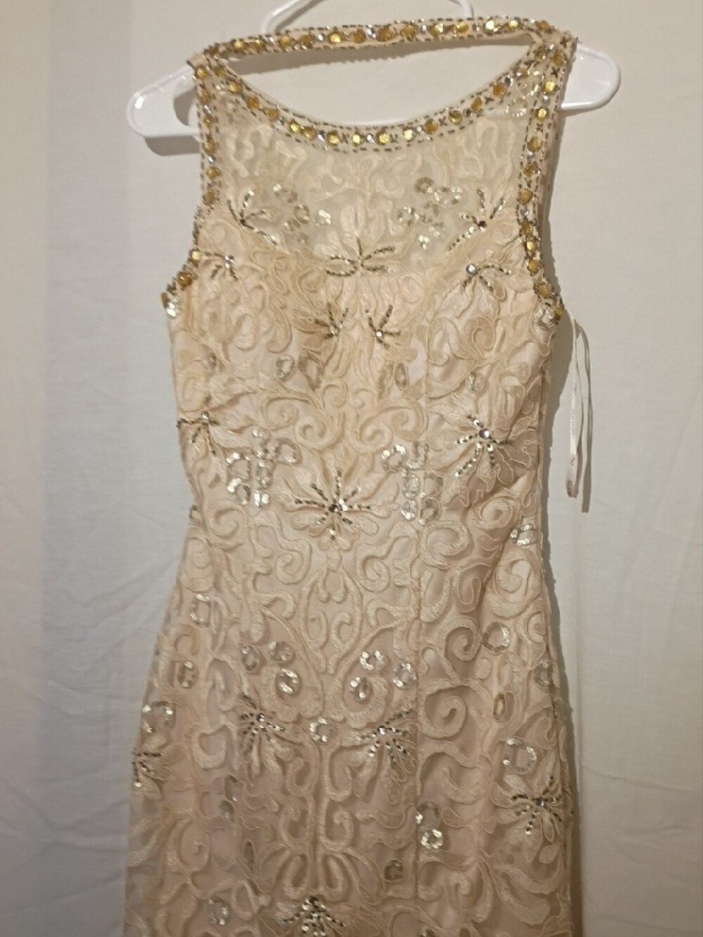 Sue Wong Ivory Lace Beaded Illusion Neck Midi Dress, Silver Sequins, Open Back - Picture 7 of 16